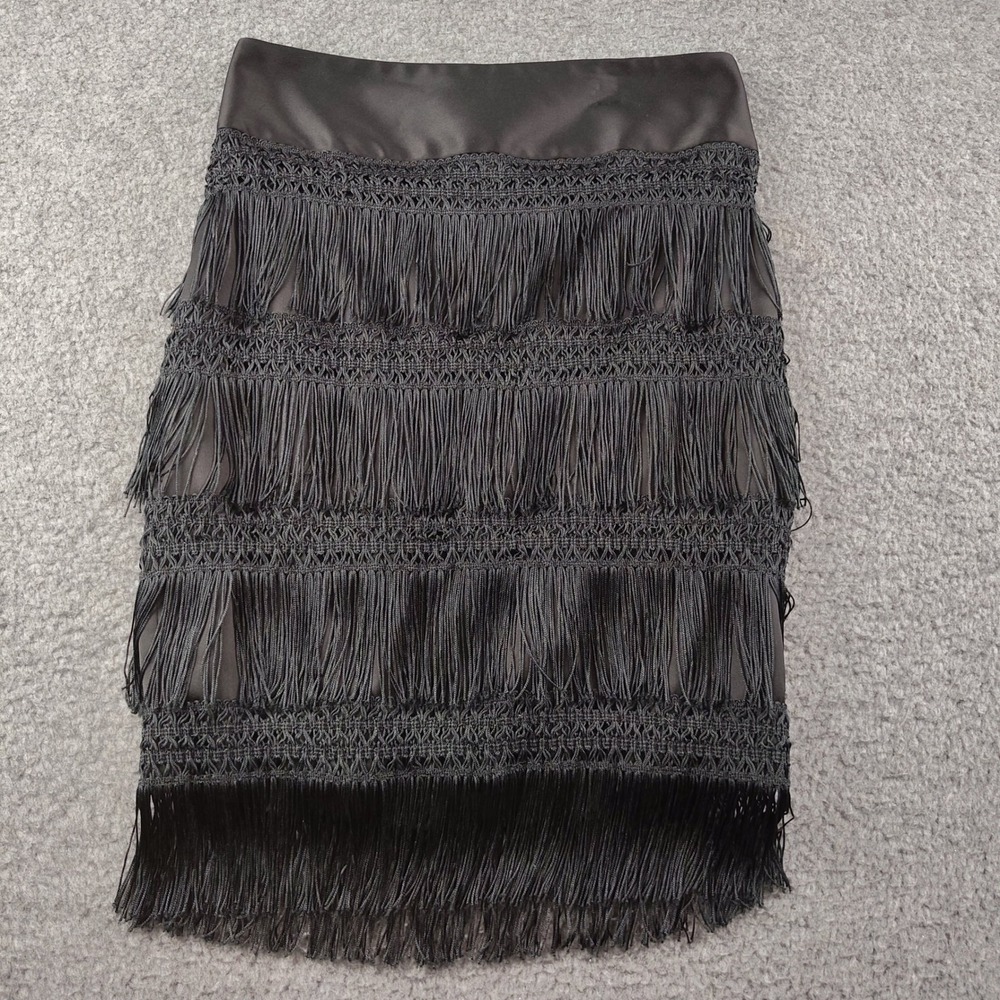 Express Skirt Sz 4 Tiered Tassels Fringe Mini Satin Black Flapper Gatsby EUC